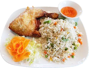 Fried Chickenwith Fried Riceand Sauce PNG Image