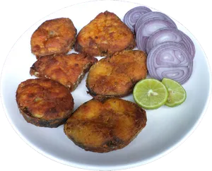 Fried Fish Sliceswith Onionsand Lime PNG Image