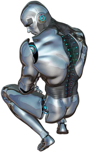 Futuristic Cyborg Crouching Pose PNG Image