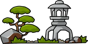 Garden Scene Cartoon Lanternand Tree PNG Image