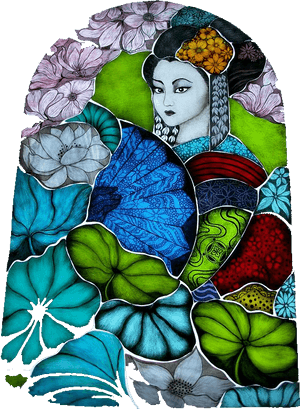 Geisha Among Floral Patterns PNG with transparent background