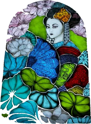 Geisha Among Floral Patterns PNG Image