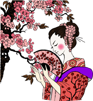 Geishawith Cherry Blossomsand Fan PNG with transparent background