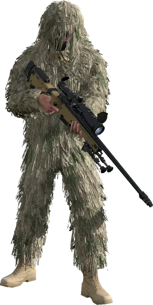 Ghillie Suited Sniperwith Rifle PNG Image