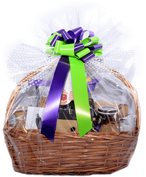Gift Basketwith Purple Green Ribbon PNG image with transparent background