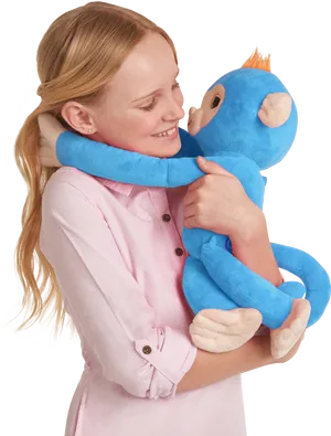 Girl Hugging Blue Plush Monkey PNG Image