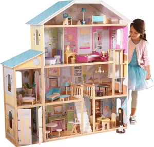 Girl Playing With Large Dollhouse PNG Image