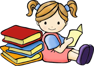 Girl Reading Books Cartoon PNG Image