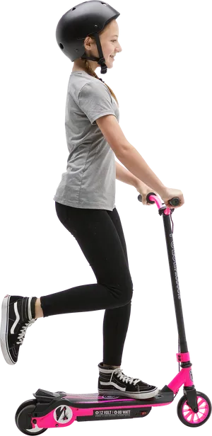 Girl Riding Pink Scooter PNG Image