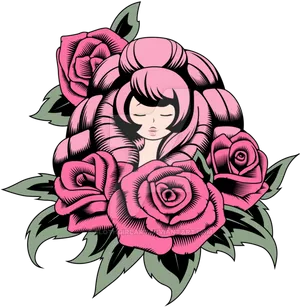 Girl Surrounded By Roses Art PNG Image