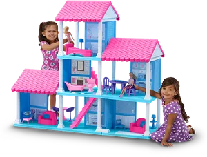 Girls Playing With Dollhouse PNG Image