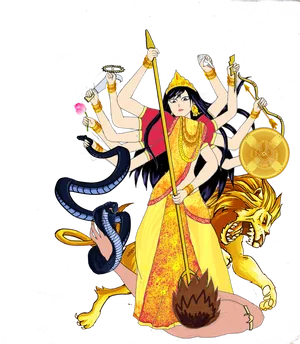 Goddess_ Durga_ Multiple_ Arms_ Lion PNG Image