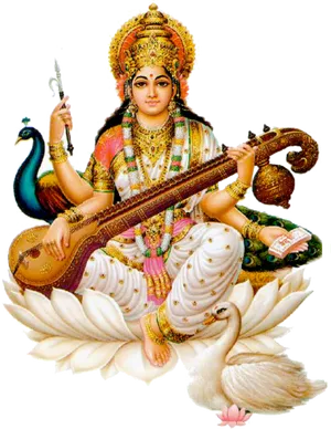 Goddess_ Saraswati_ Seated_on_ Lotus PNG Image