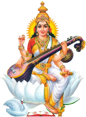 Goddess Saraswati Seatedon Lotus PNG Image