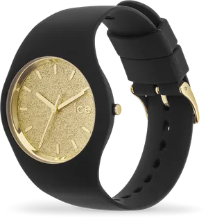 Gold Glitter Dial Black Watch PNG Image