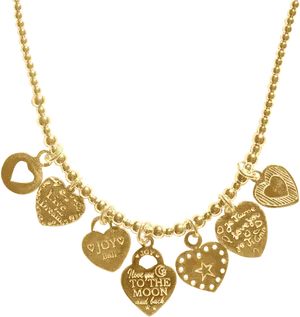 Gold Heart Charms Necklace PNG Image