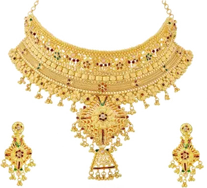 Gold Necklace Earrings Set Traditional Design PNG Image