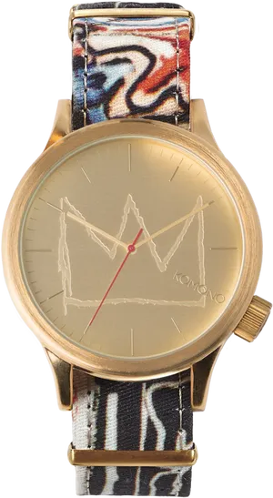 Gold Tone Watchwith Patterned Strap PNG Image