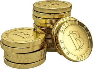 Golden Bitcoin Coins Stacked PNG Image