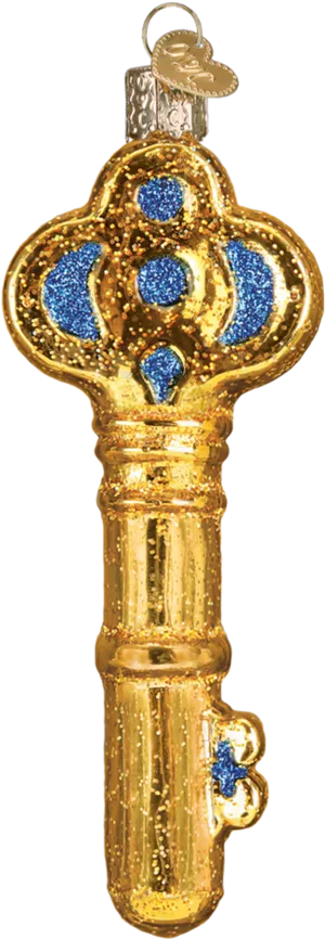 Golden Blue Ornate Key Ornament PNG Image