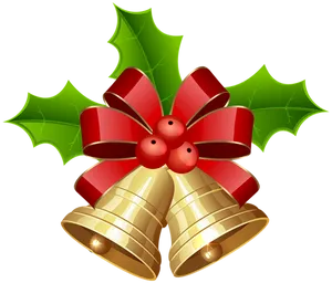 Golden Christmas Bells With Red Bow PNG Image