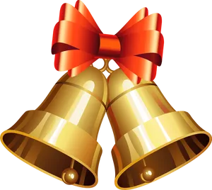 Golden Christmas Bells With Red Bow PNG Image