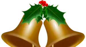 Golden Christmas Bellswith Holly PNG Image