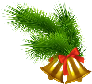 Golden Christmas Bellswith Pineand Red Bow PNG Image