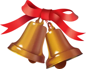 Golden Christmas Bellswith Red Ribbon PNG Image