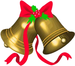 Golden Christmas Bellswith Red Ribbon PNG Image