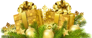 Golden Christmas Giftsand Decorations PNG Image