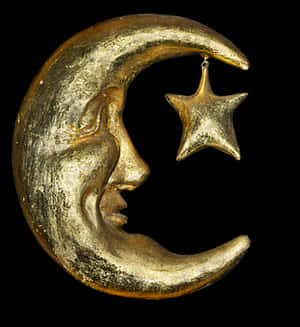 Golden Crescent Moonand Star PNG image with transparent background