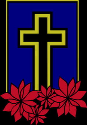 Golden Cross Blue Background Red Flowers PNG with transparent background