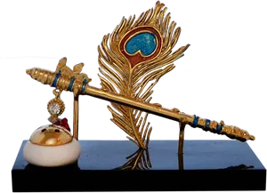 Golden Feathered Bansuri Decorative Art Piece PNG Image