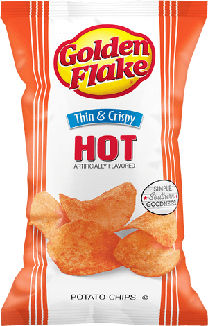 Golden Flake Hot Thin Crispy Chips Package PNG with transparent background