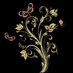 Golden Floral Designwith Butterflies PNG image with transparent background