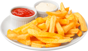 Golden French Frieswith Dipping Sauces PNG with transparent background