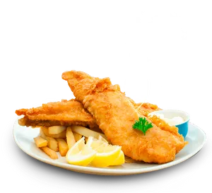 Golden Fried Fish Filletwith Lemonand Fries.png PNG Image