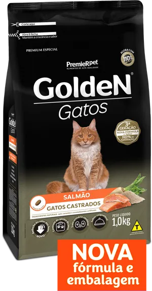 Golden Gatos Cat Food Package Salmon Flavor PNG Image