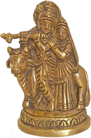 Golden Radha Krishnaon Cow Statue PNG Image