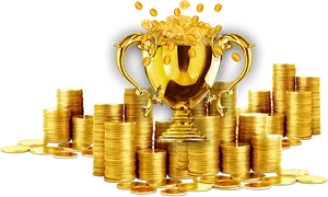 Golden Trophy Overflowing With Coins PNG Image