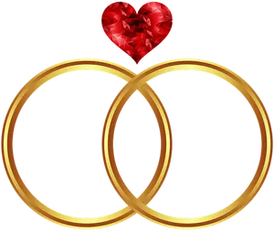 Golden Wedding Rings With Red Heart Clipart PNG Image