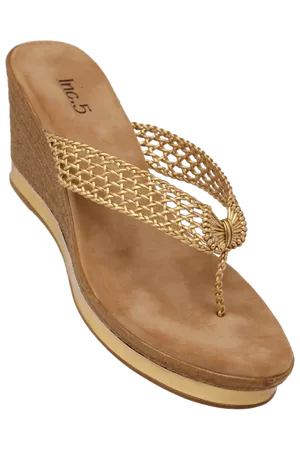 Golden Woven Wedge Chappal PNG Image