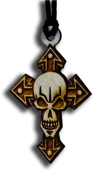 Gothic Skull Wooden Cross Pendant PNG Image