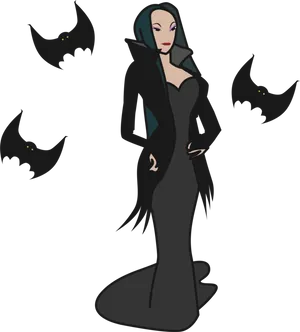 Gothic Vampire Cartoon Femalewith Bats PNG Image