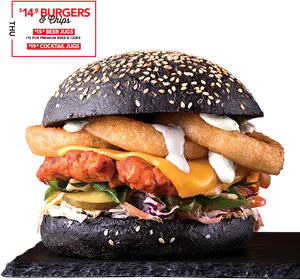 Gourmet Black Bun Burger Special PNG Image