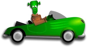 Green Alien Driving Convertible Cartoon PNG Image