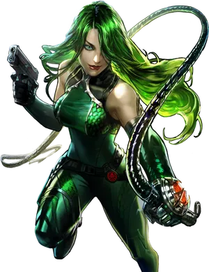 Green Haired Female Character With Gun And Tentacles PNG Image