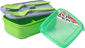 Green Plastic Lunch Boxwith Utensils PNG Image