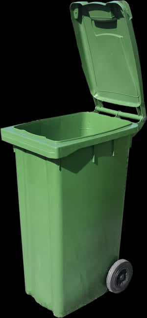Green Wheeled Trash Bin Open Lid PNG with transparent background